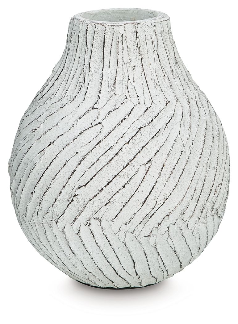 Shelvie vase, white with carved vertical stripe pattern and rounded bulb body