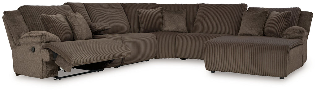 Dark brown reclining sectional sofa with chaise extension and cushioned arms