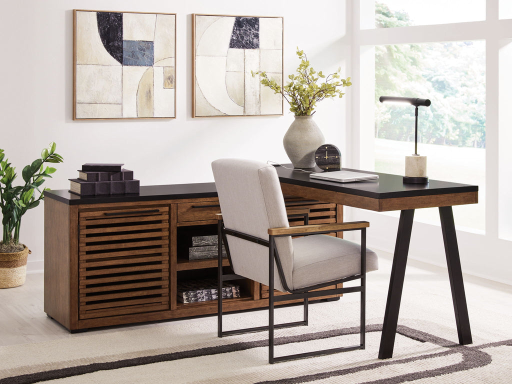 Dark brown credenza with black top, slatted doors, and open shelf center