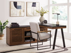 Dark brown credenza with black top, slatted doors, and open shelf center