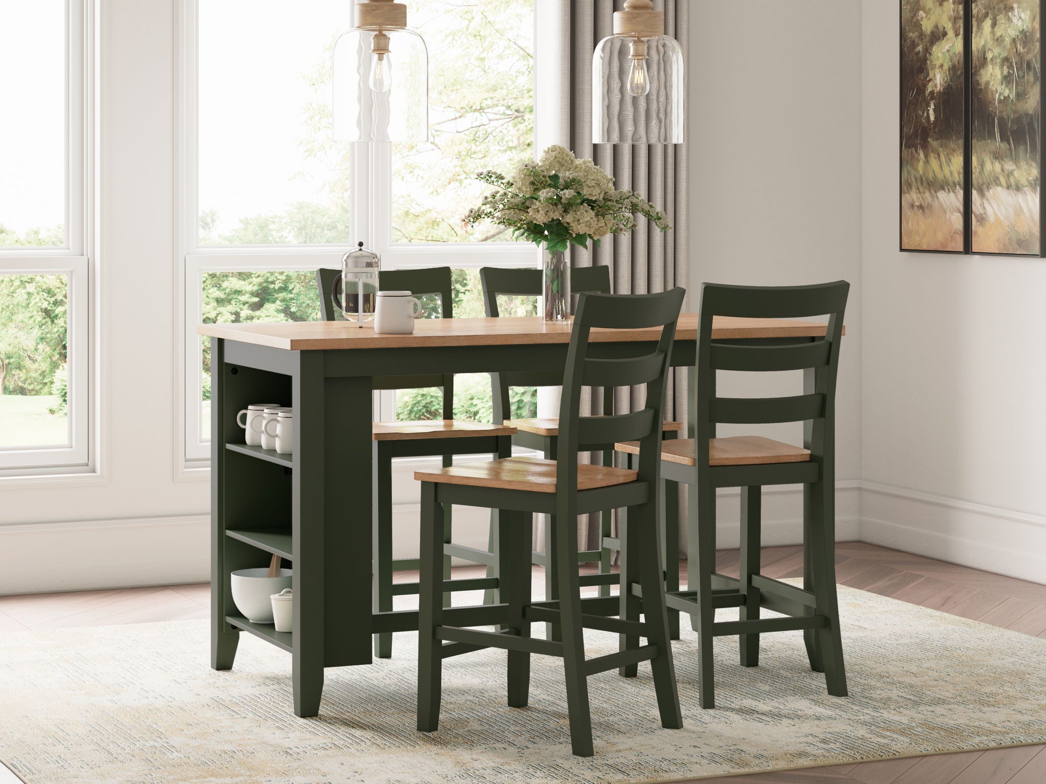 Rectangular dining counter table with open shelf, green finish and four chairs