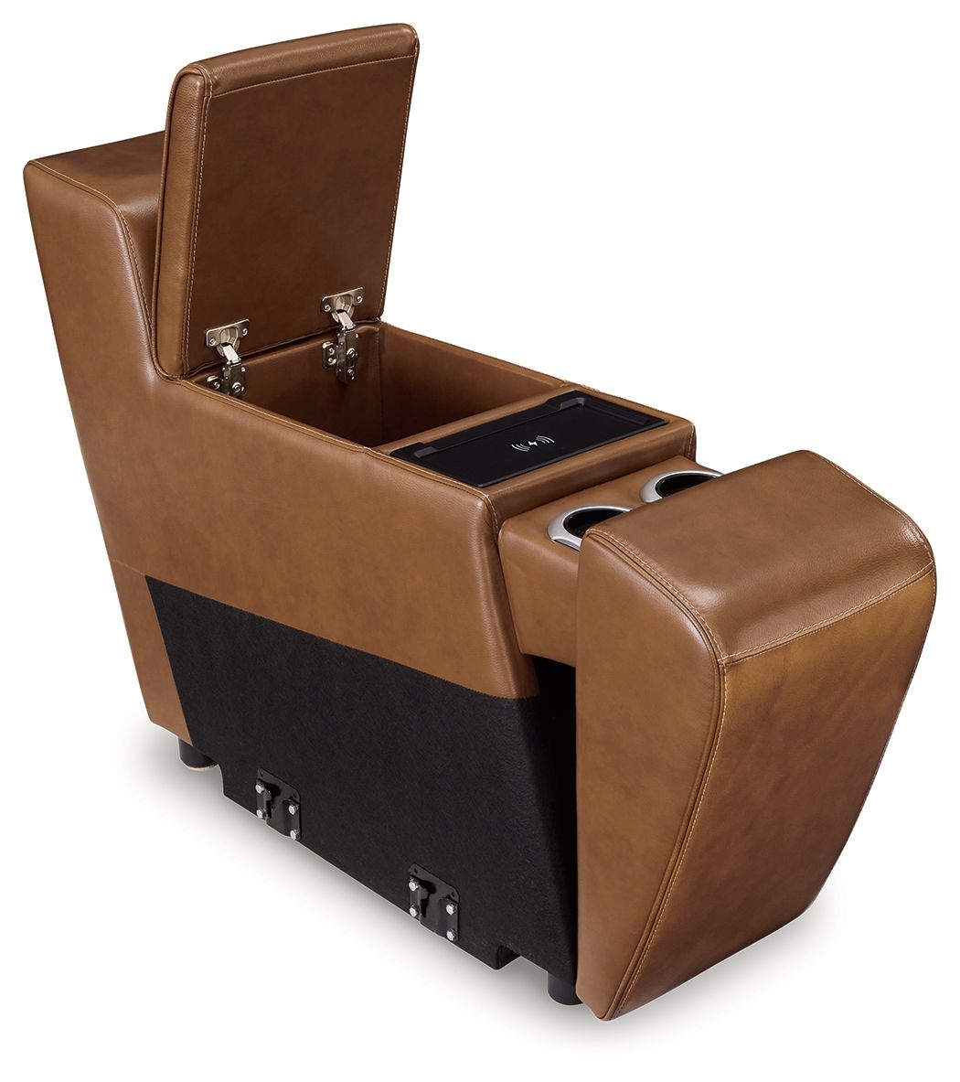 Brown leather console with storage, hinged lid, metal latches, and side cup openings