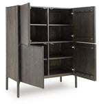 Espresso brown accent cabinet with open shelves and hinged double doors