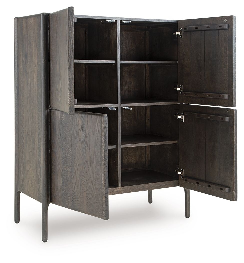 Espresso brown accent cabinet with open shelves and hinged double doors