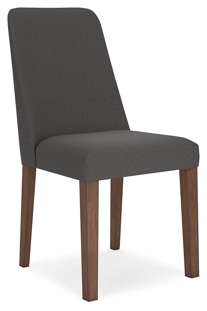 Dining side chair with dark gray upholstered seat and back, dark wood legs
