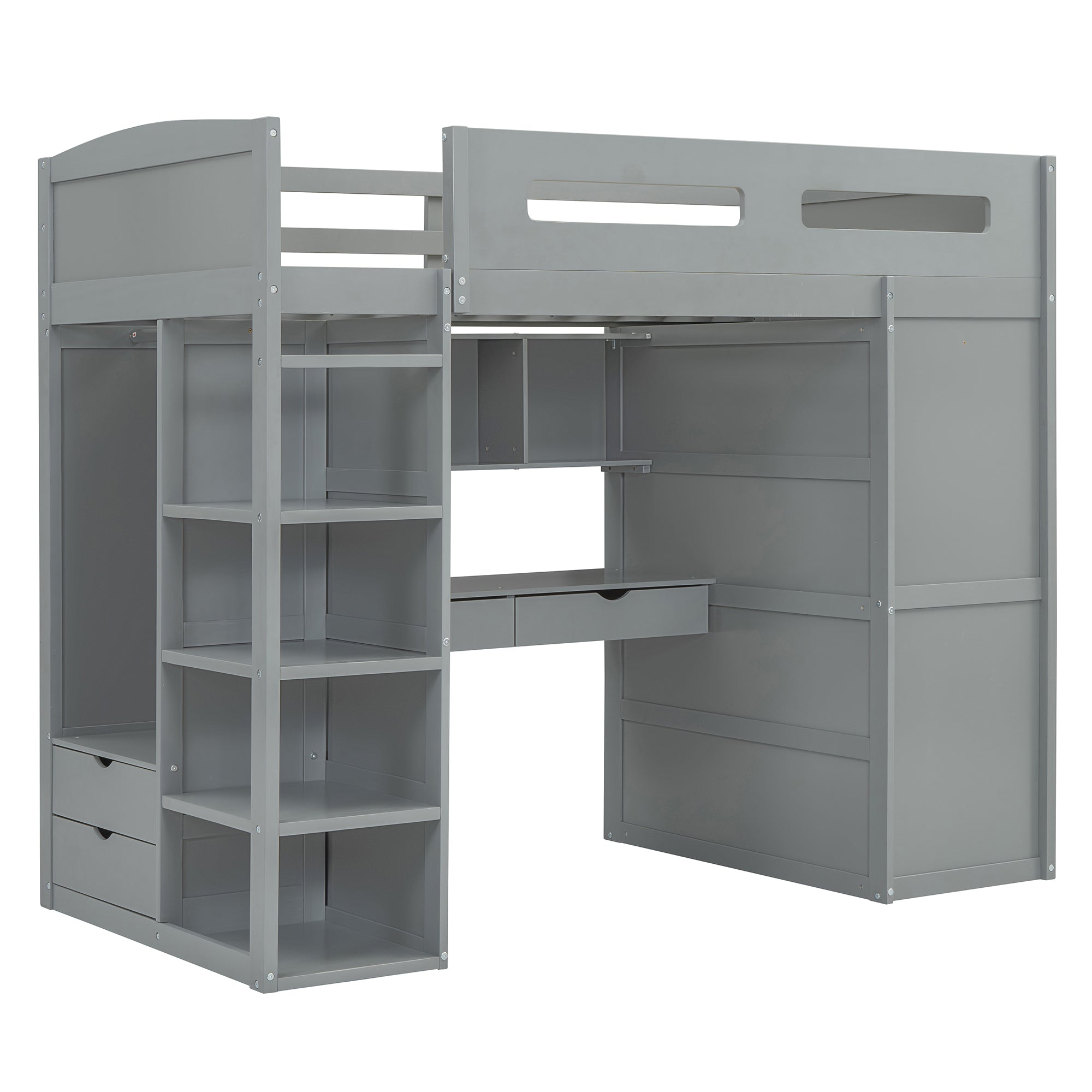 Gray Twin Loft Bed: Desk, Wardrobe, Drawers, Shelves - Solid Wood