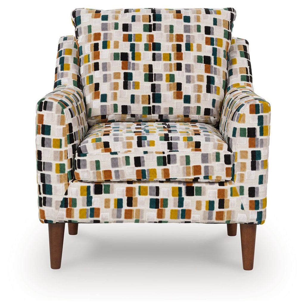 Multicolor patterned accent chair with square upholstery, padded seat, wood legs.