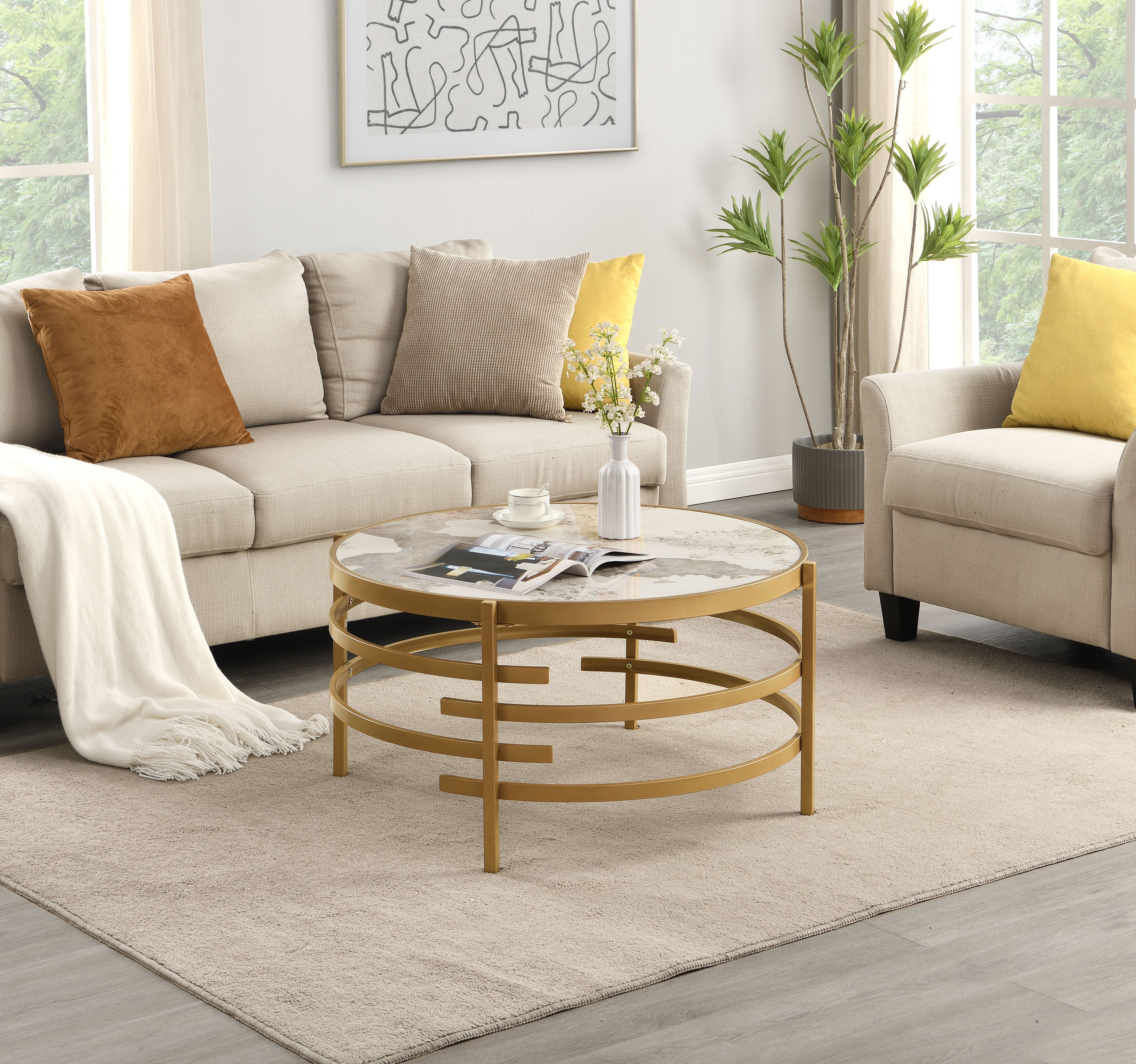 32.48'' Round Coffee Table With Sintered Stone Top&Sturdy Metal Frame, Modern Coffee Table For Living Room - Golden
