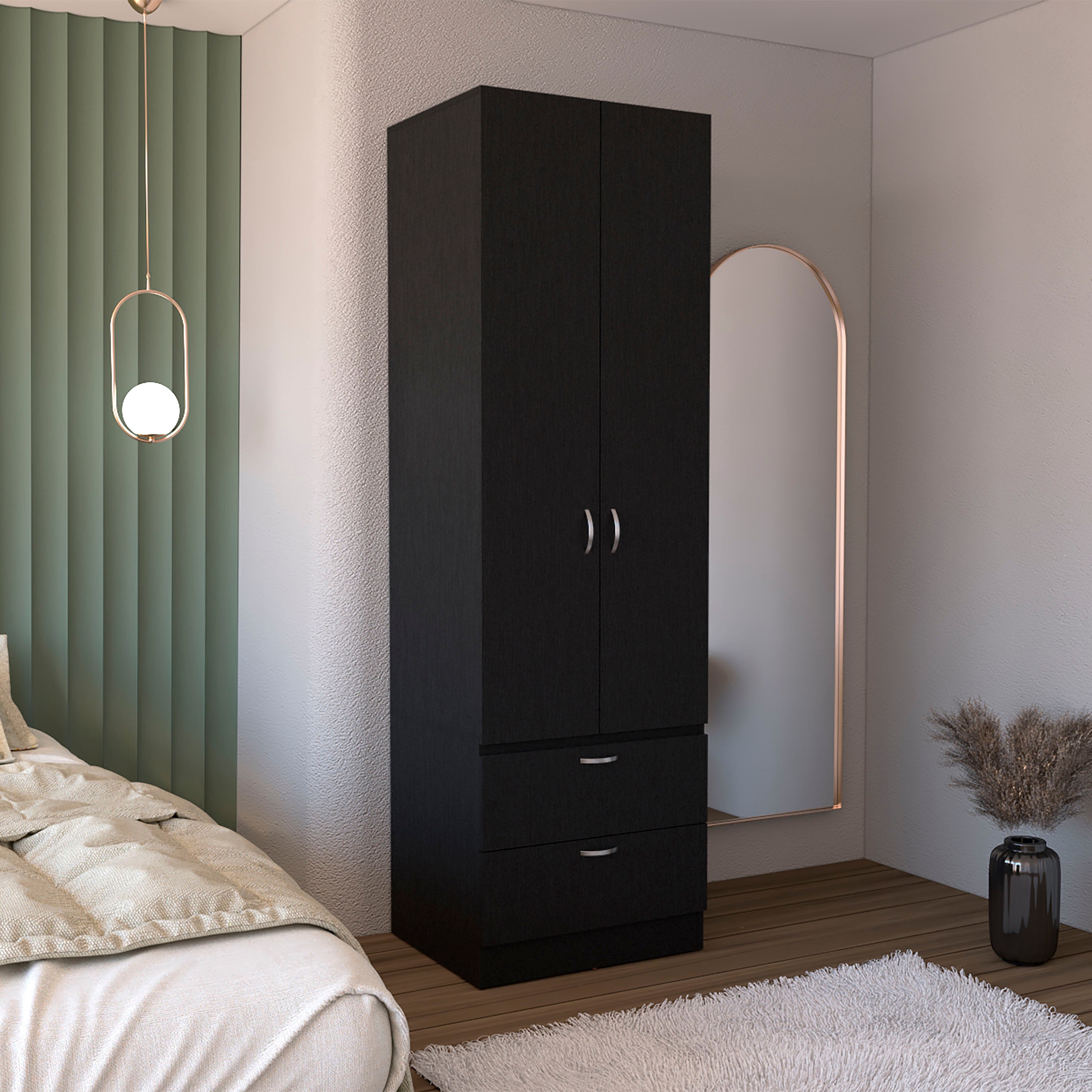 Black 76" H Armoire Wardrobe: Rod, 2 Drawers, 1 Shelf