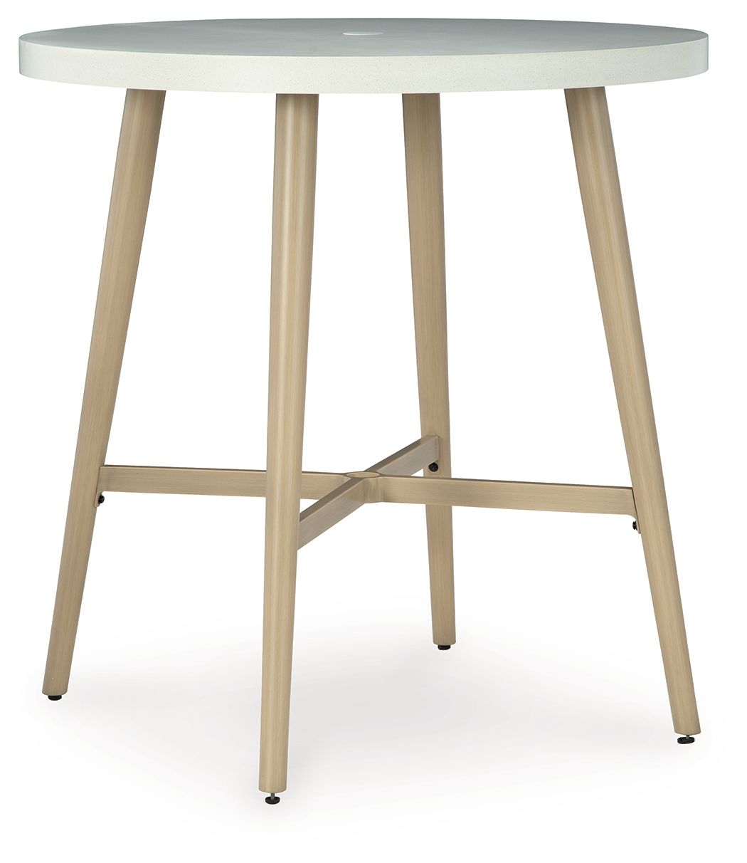 Beige round bar table with cross-brace support, four tapered legs