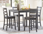 Gray square counter table with four matching stools, dark gray seats and backs.
