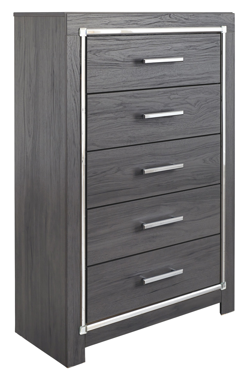 Gray five-drawer chest with rectangular bar pulls and dark frame accents