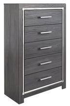 Gray five-drawer chest with rectangular bar pulls and dark frame accents