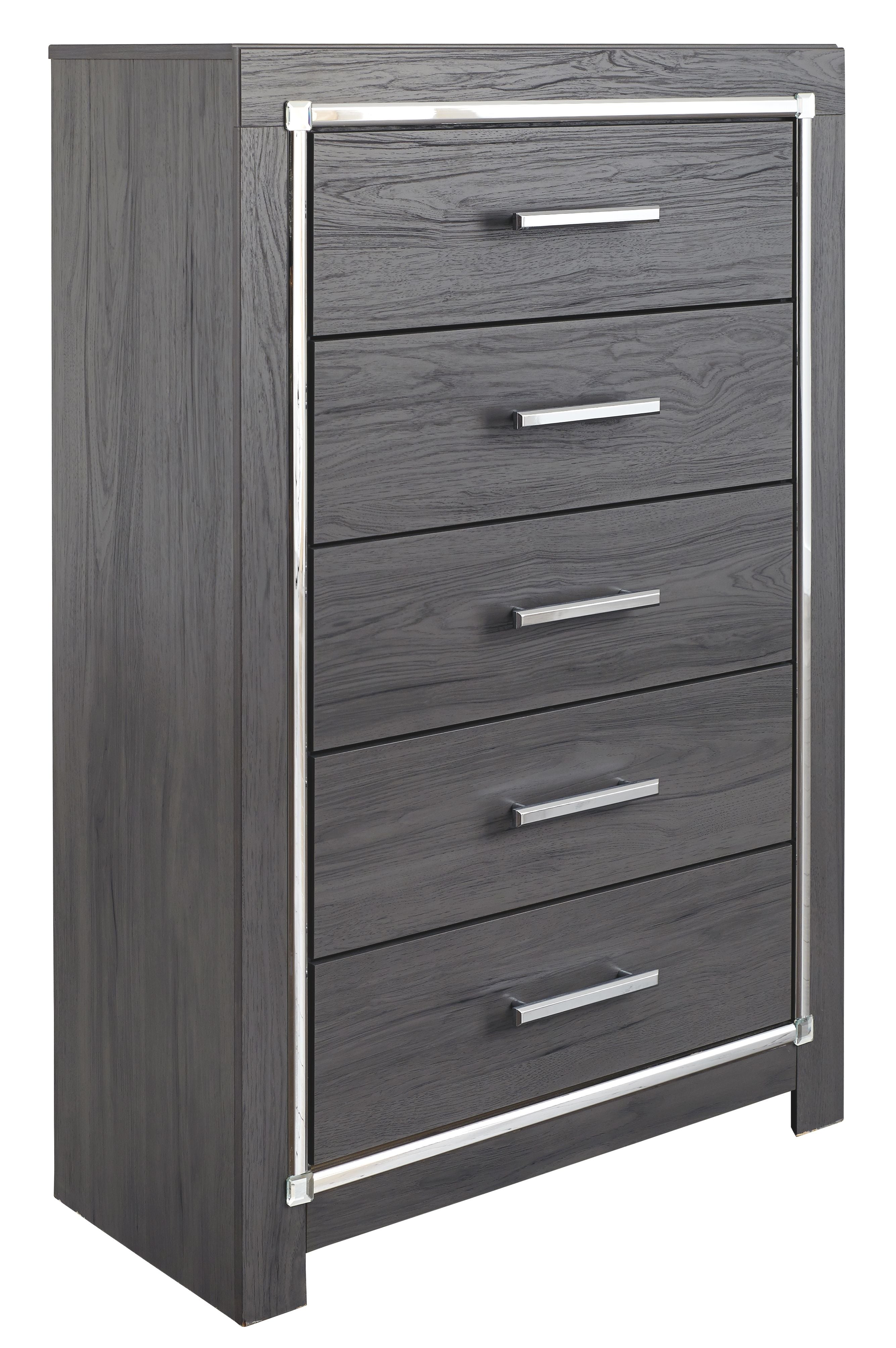 Gray five-drawer chest with rectangular bar pulls and dark frame accents