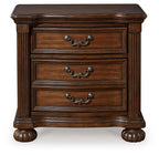 Lavinton three-drawer night stand with three drawers, curved legs, and dark brown wood