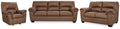 Upholstered living room seating set with recliner and two sofas in dark brown.