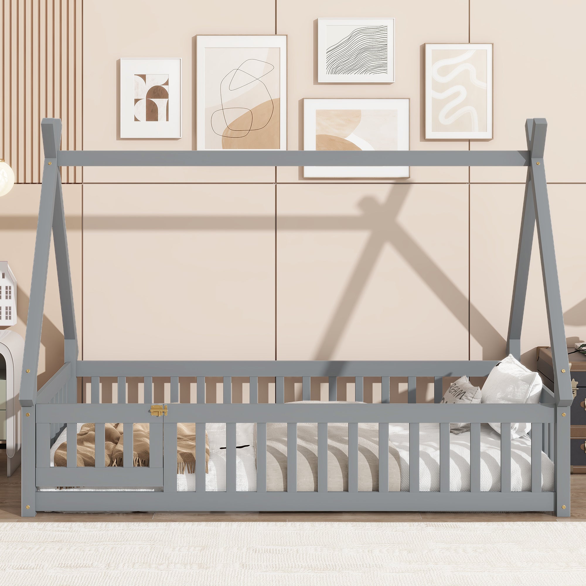 Twin Grey Tent Teepee Floor Bed with Guardrails & Door