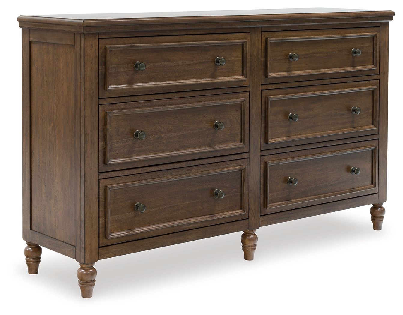 Brown wood dresser with six drawers and round metal knobs, shaker-style panels