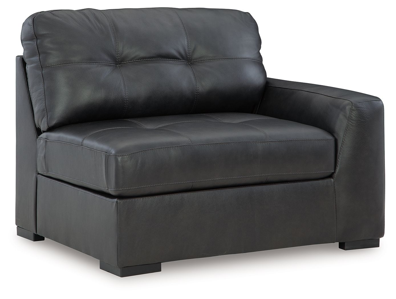 Fog gray leather corner chair with deep tufted back and squared arms