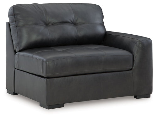 Fog gray leather corner chair with deep tufted back and squared arms