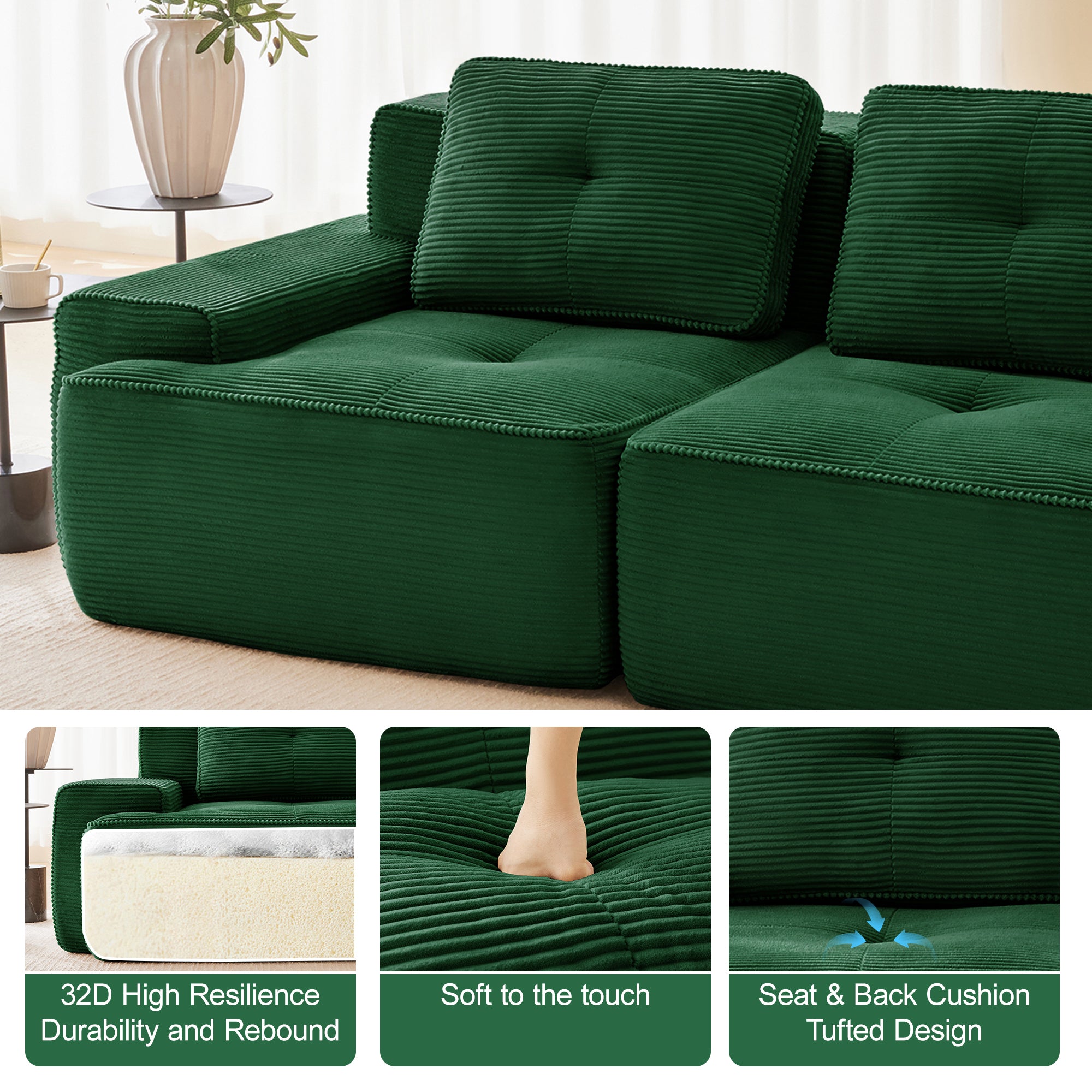 Green corduroy chaise sectional sofa corner with two back cushions