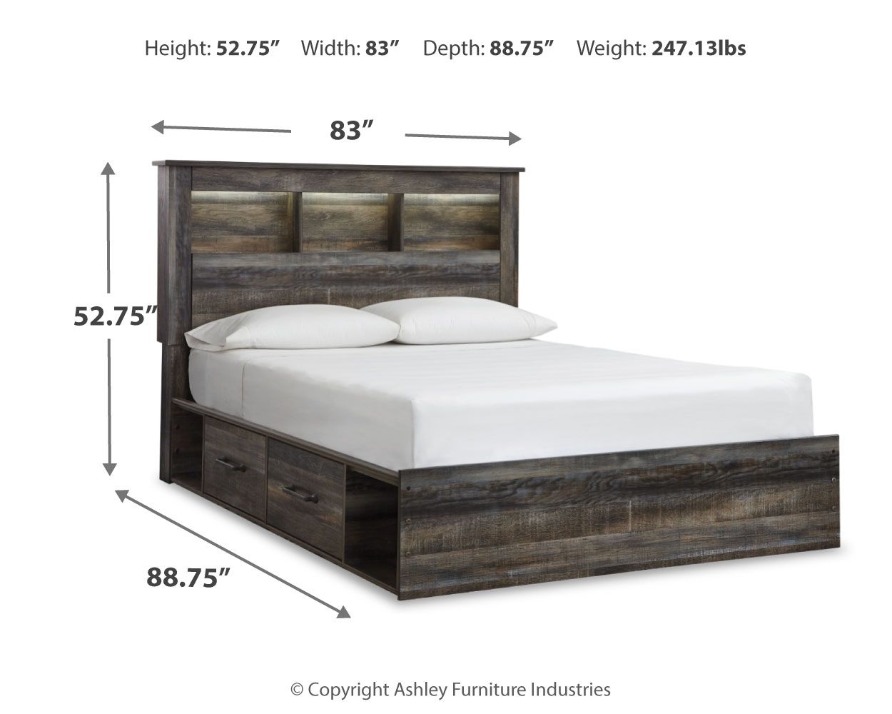 Panel bookcase bed with dark wood frame, white mattress, and two front drawer storage