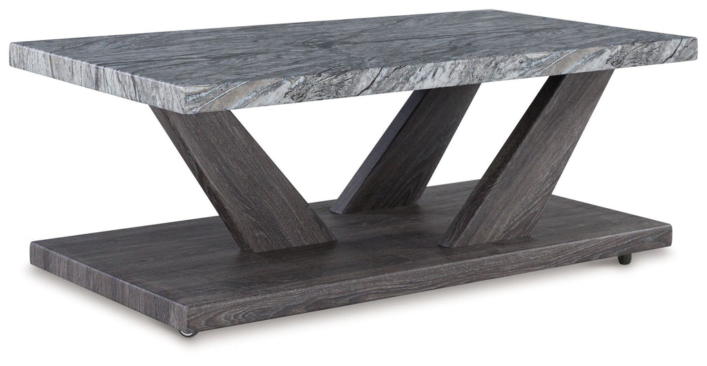 Large occasional table with weathered gray stone top and dark gray X-legs
