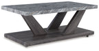 Large occasional table with weathered gray stone top and dark gray X-legs