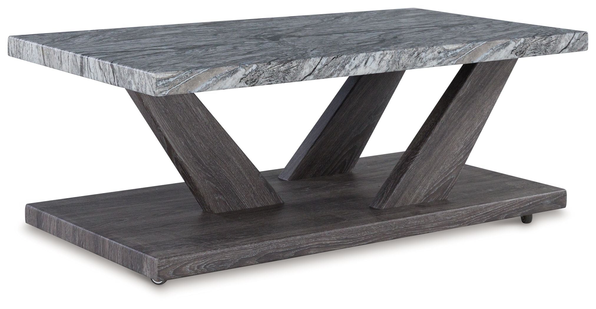 Large occasional table with weathered gray stone top and dark gray X-legs