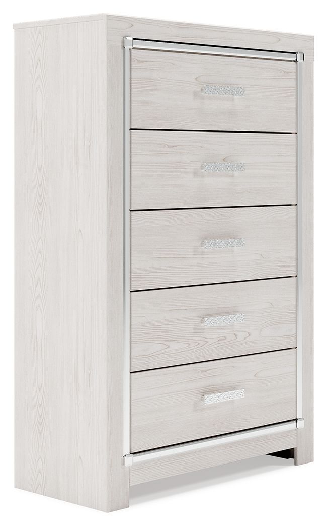 Upholstered storage chest of drawers, white finish, four stacked drawers and metal pulls
