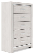 Upholstered storage chest of drawers, white finish, four stacked drawers and metal pulls