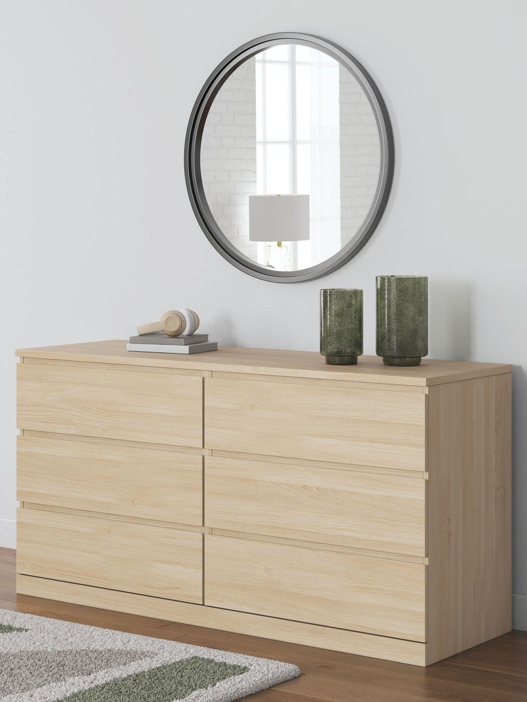 Light brown six-drawer dresser with flat-panel drawers and no visible handles