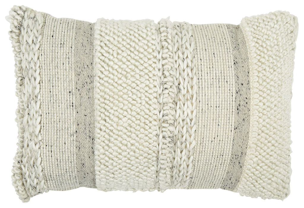 Standon pillow with chunky knit cable panels, off-white, fringed edges
