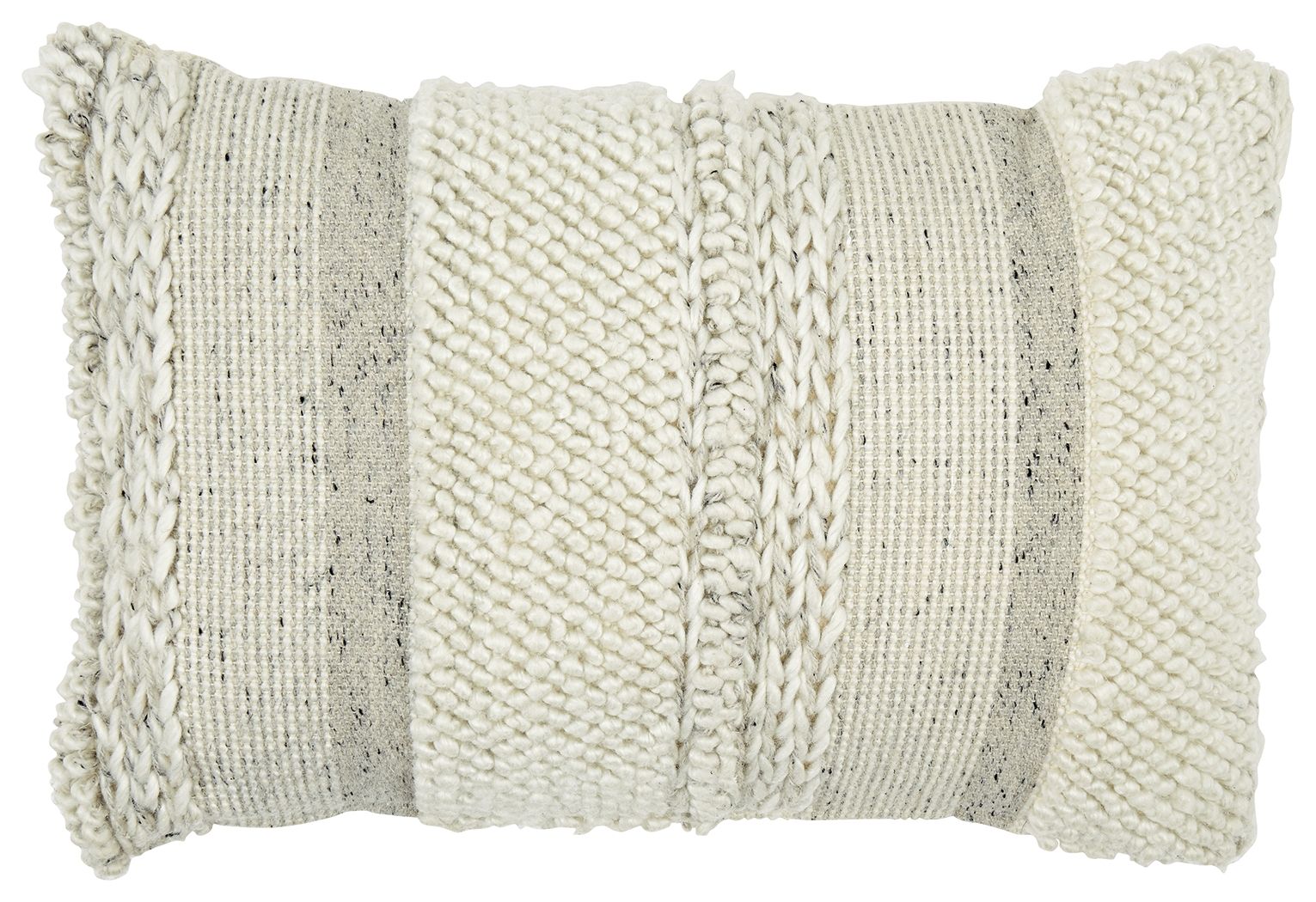 Standon pillow with chunky knit cable panels, off-white, fringed edges