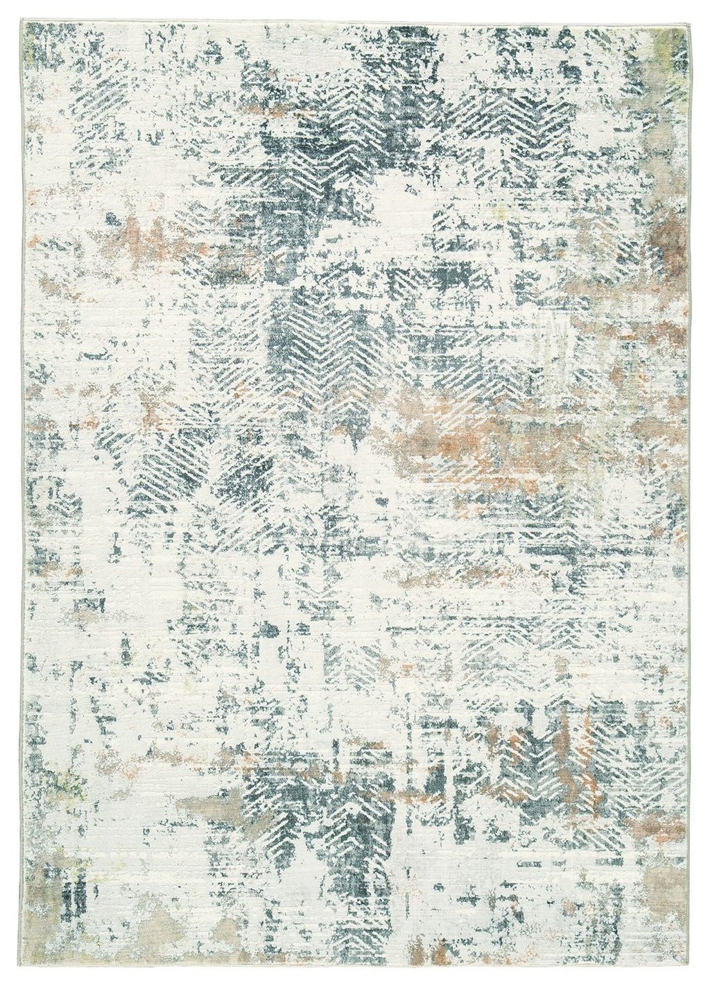 Area rug with abstract light gray and teal pattern, flat woven look