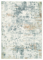 Area rug with abstract light gray and teal pattern, flat woven look