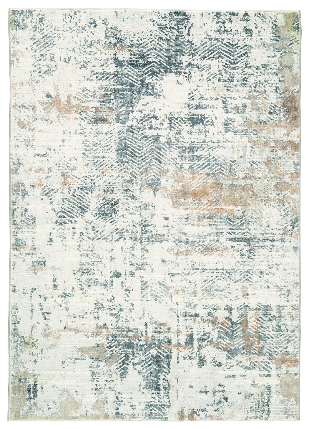 Area rug with abstract light gray and teal pattern, flat woven look