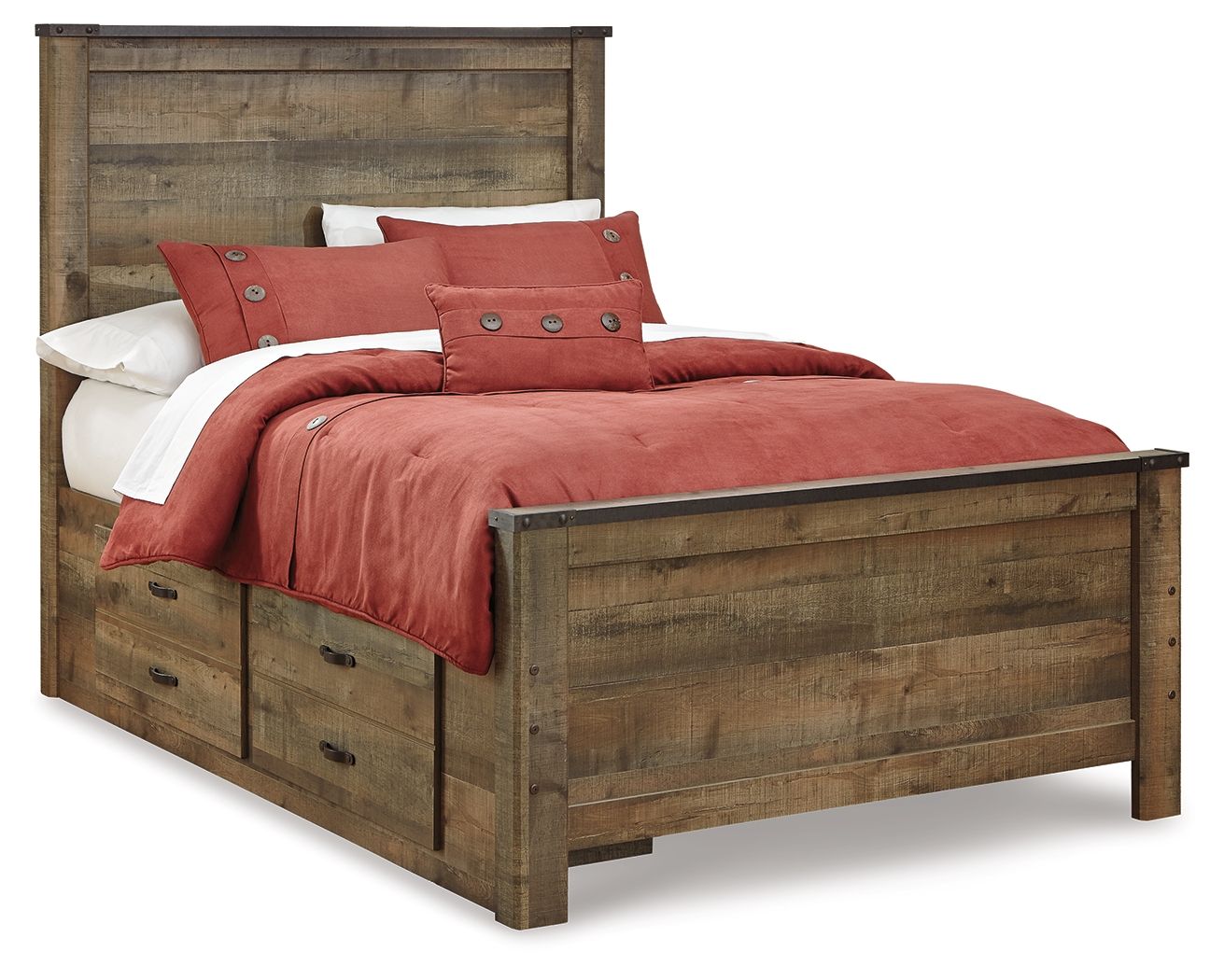 Panel bed with side drawers and rust red bedding set, pillows, and quilt