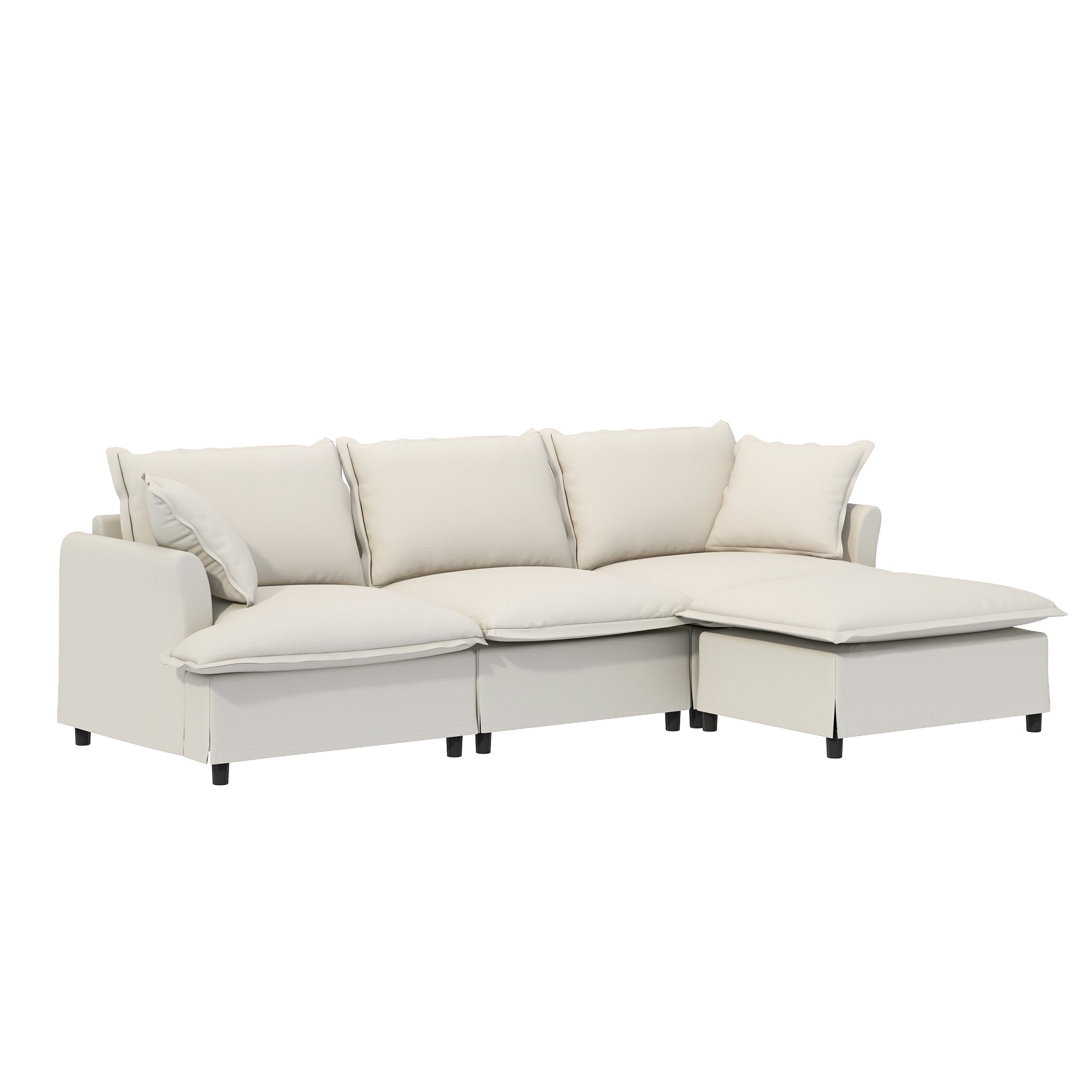 Beige Chenille L-Shaped Modular Sectional Sofa with Ottoman