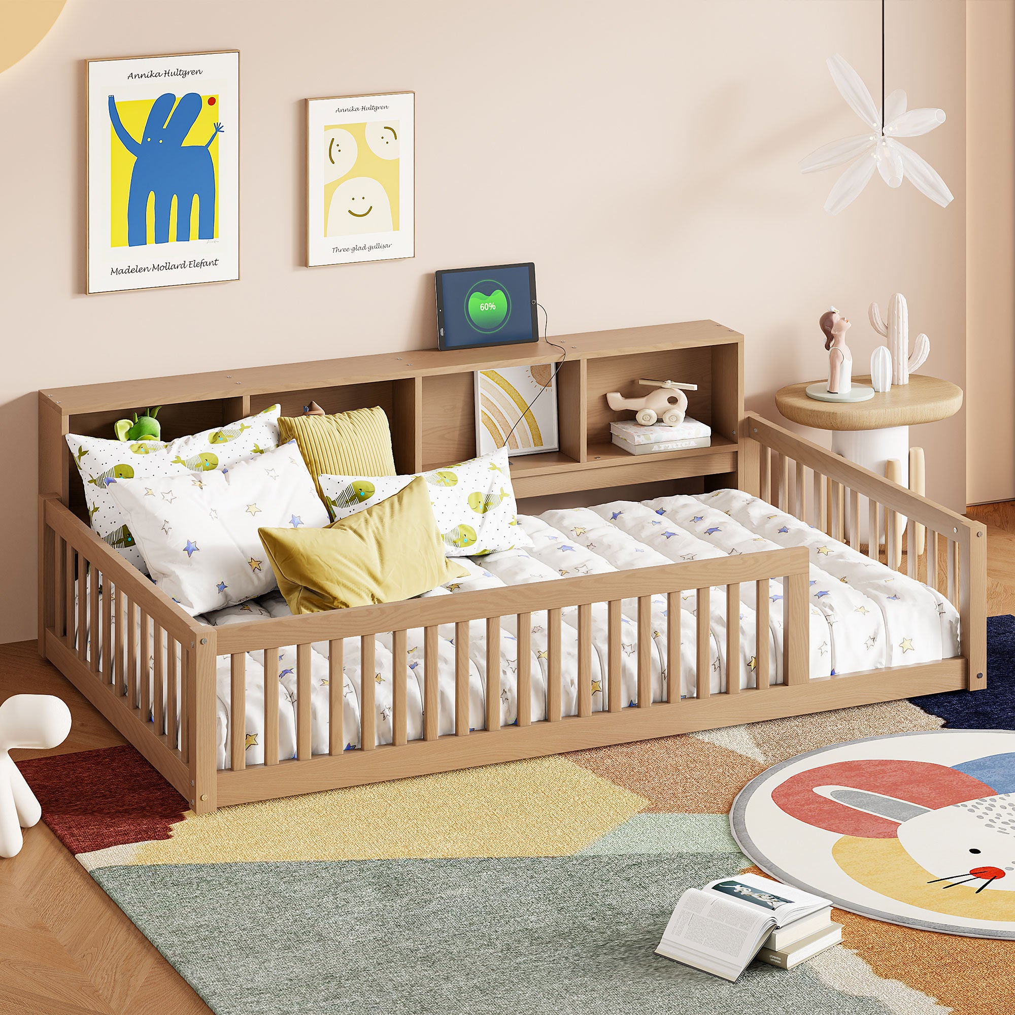 Twin XL Wood Floor Bed with Storage Cabinets & USB - Brown