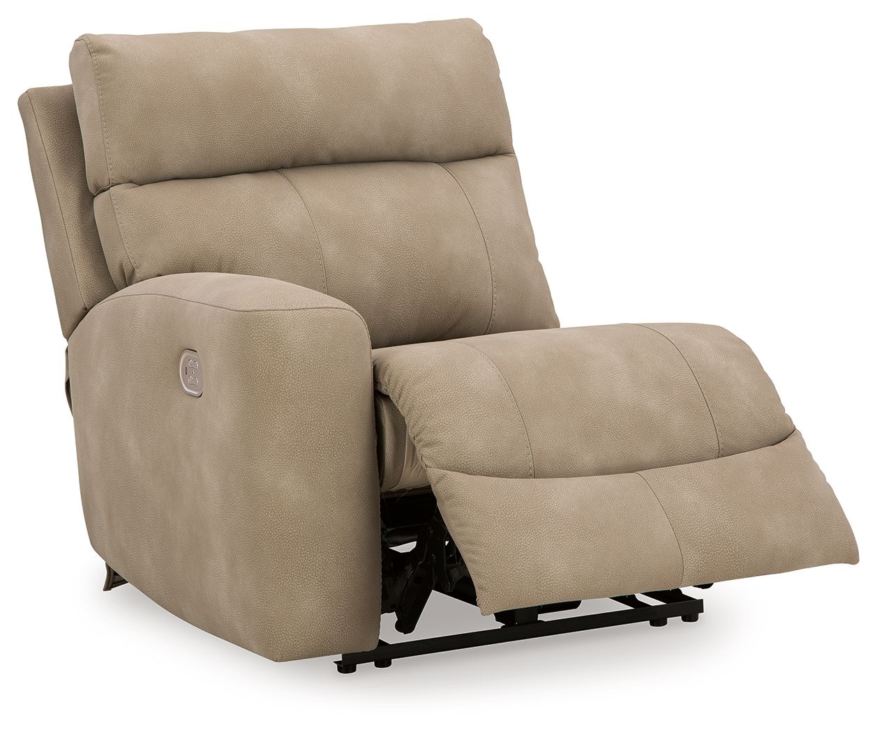 Sand fabric power recliner chair with footrest extended and side panel