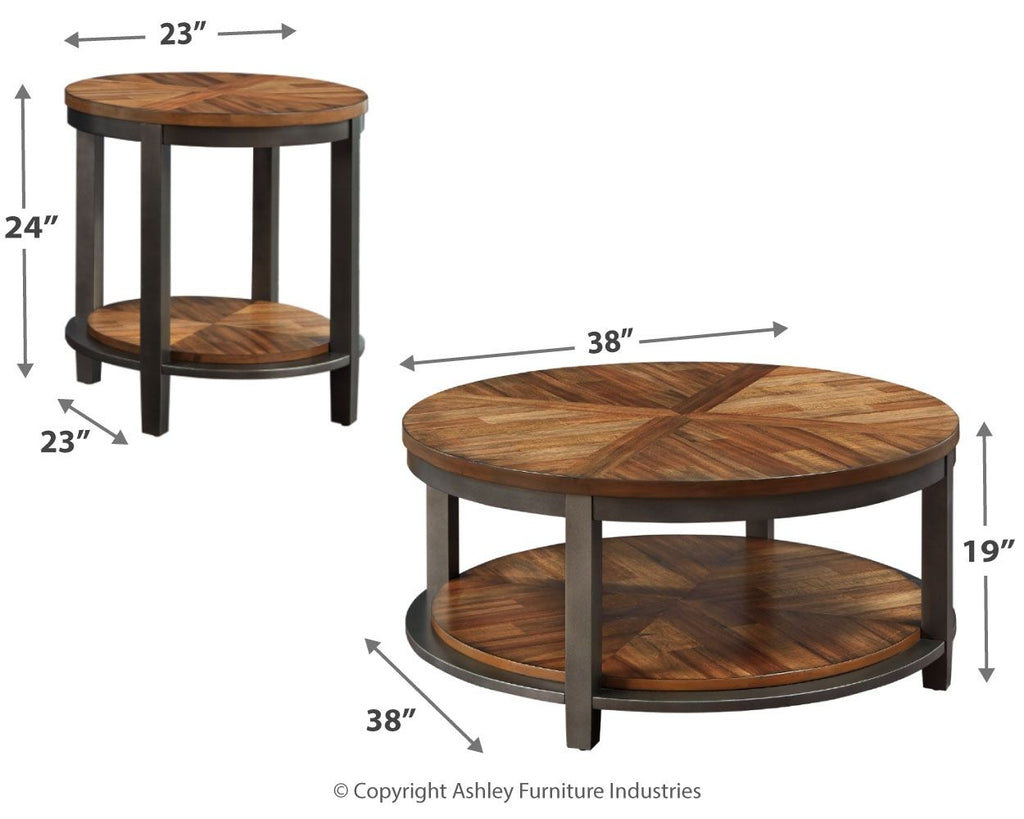 Set of 3 round occasional tables with light brown tops, dark legs, 2-tier shelves