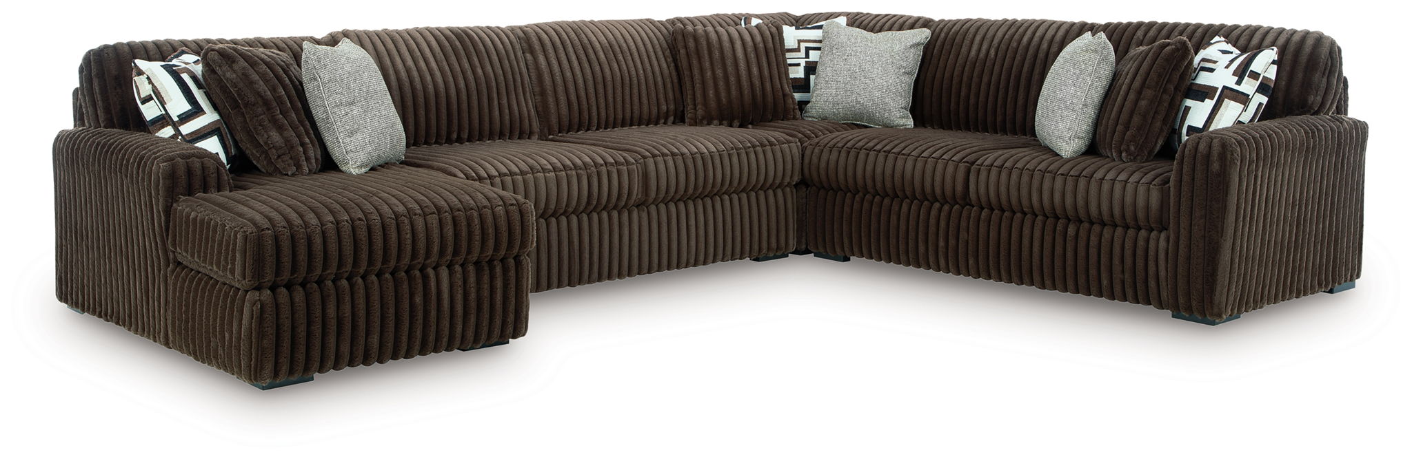 Sectional sofa with chaise, dark brown corded upholstery and square accent pillows