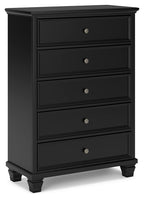 Black five-drawer chest with round knobs and four-panel drawer fronts