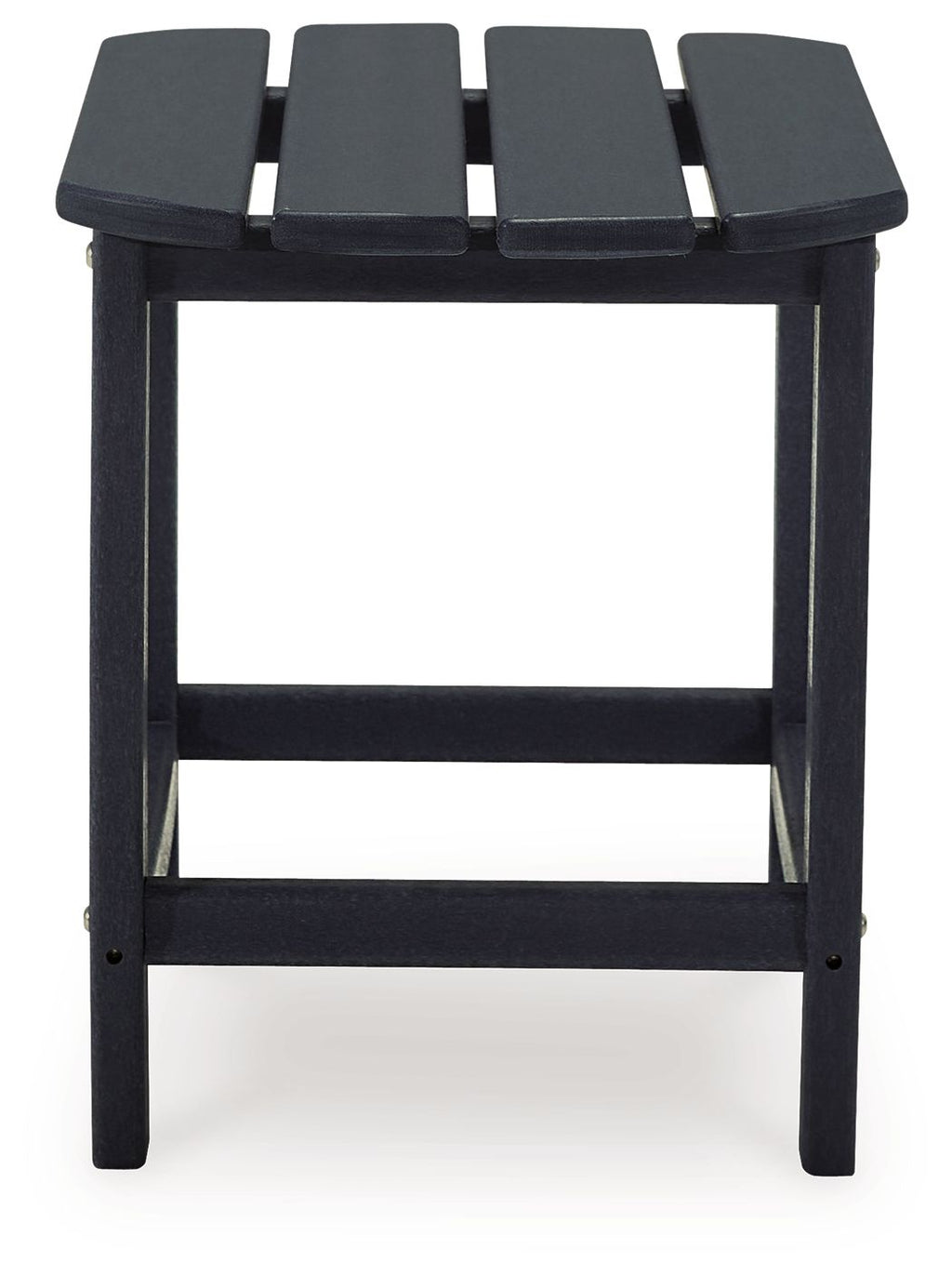 Outdoor end table in black with slatted top and open lower shelf