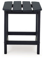Outdoor end table in black with slatted top and open lower shelf