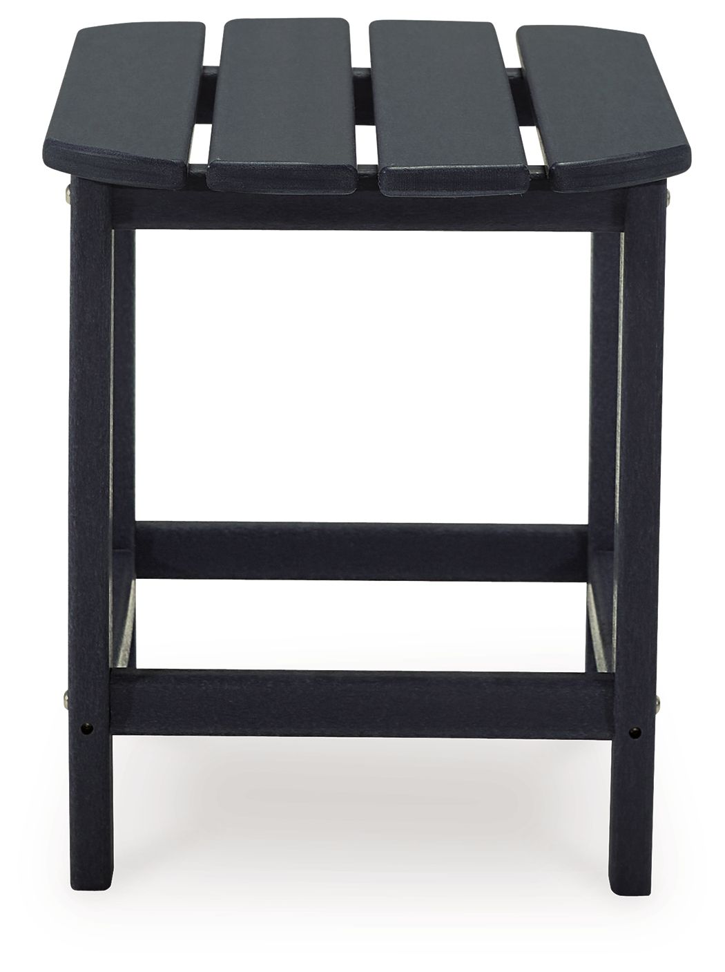 Outdoor end table in black with slatted top and open lower shelf