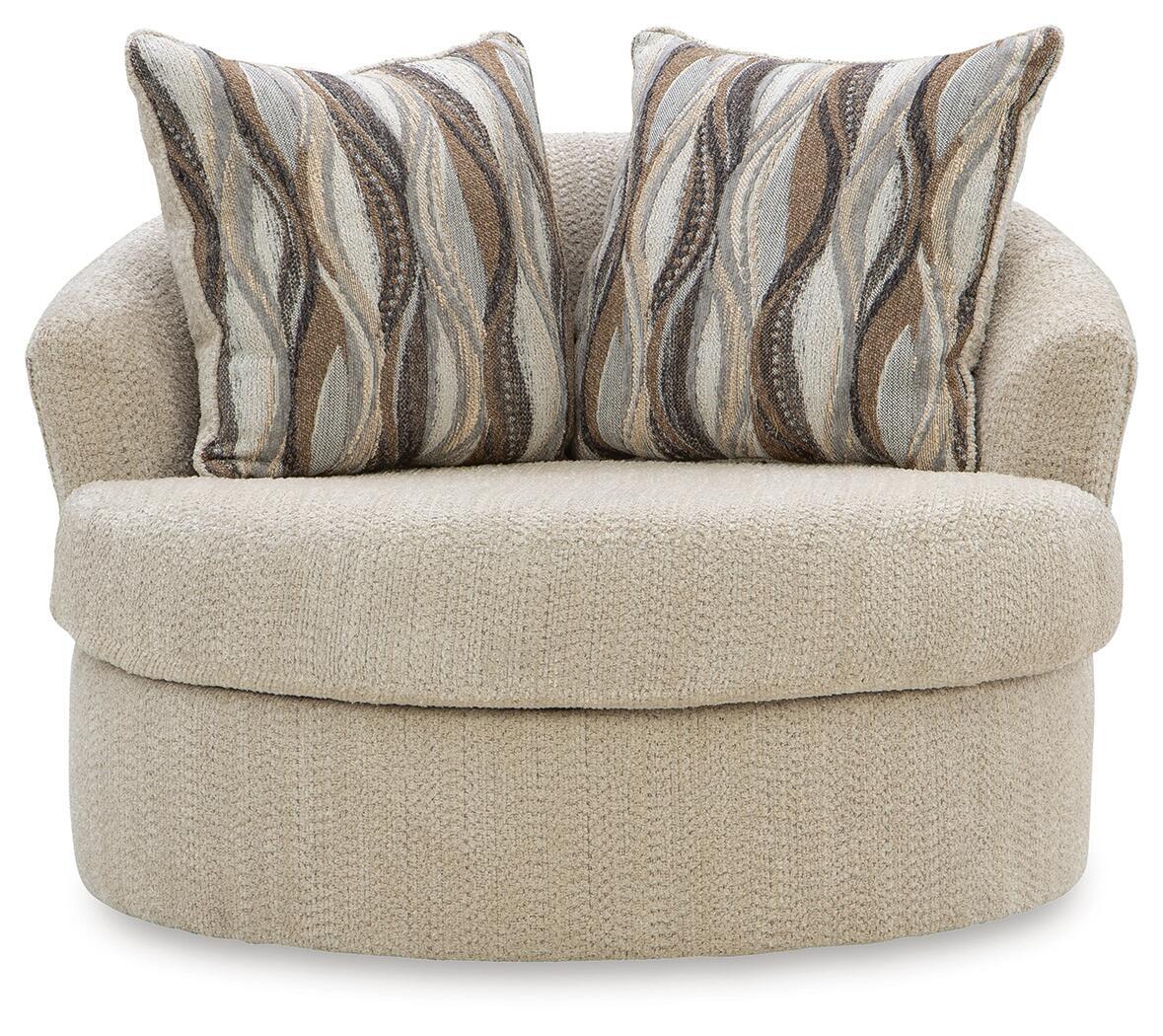 Beige swivel chair with deep rounded seat and patterned back pillows