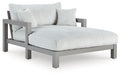 Gray chaise lounge with striped seat cushion and folded back cushion set