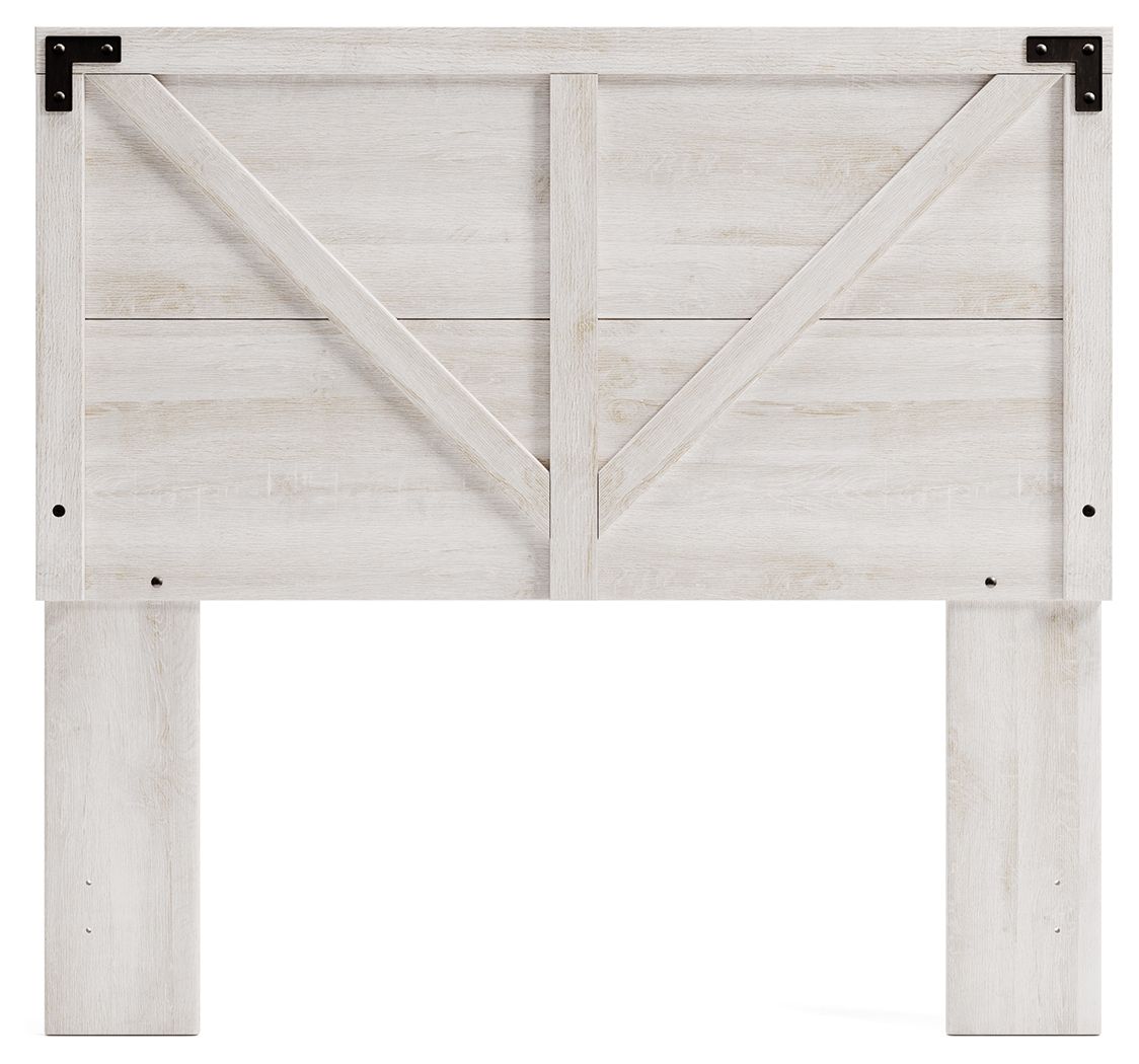 White crossbuck panel headboard, front view with two side legs